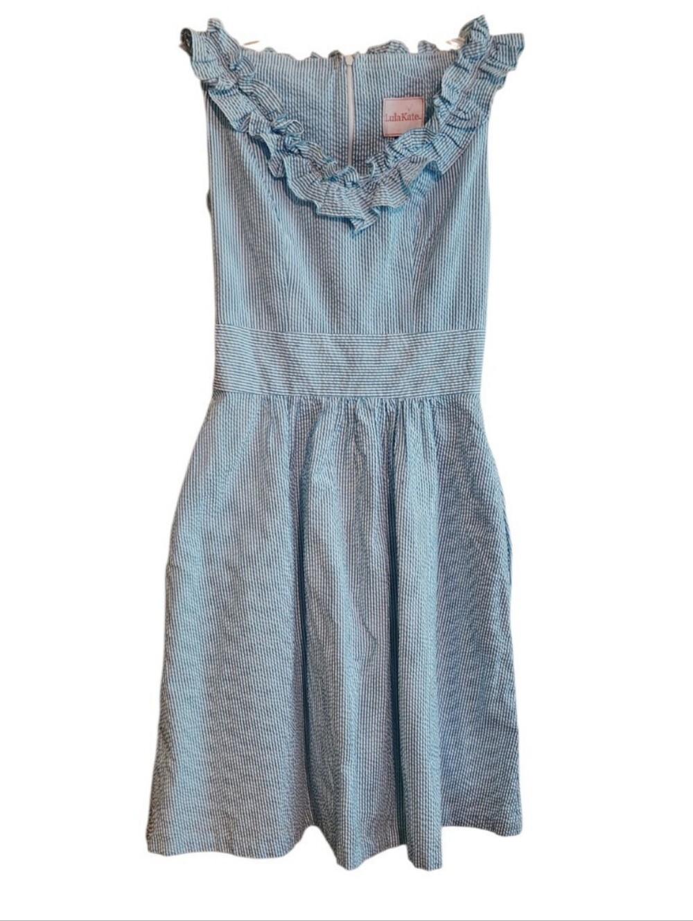 Lulakate Light Blue Seersucker Ruffle Neck Mini Dress